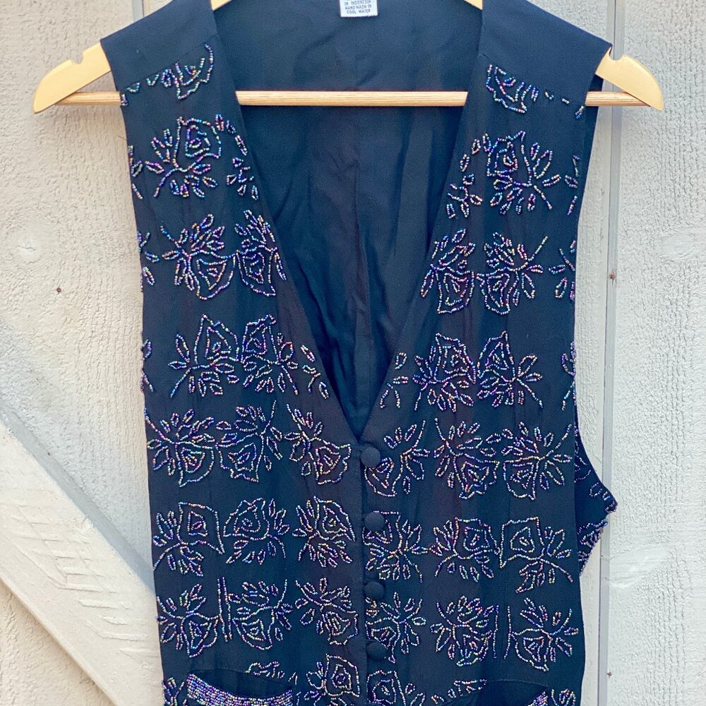 Vintage 90's Western Glam Black‎ Beaded Floral Vest, Roses Embellishment, Size M